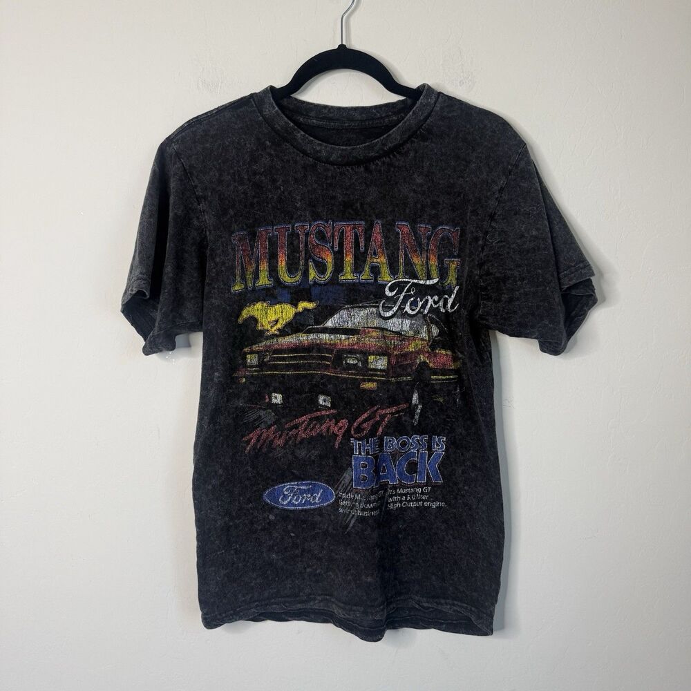 Vintage Inspired Mustang Muscle Car Graphic Tee Black Acid Wash Grunge Rock